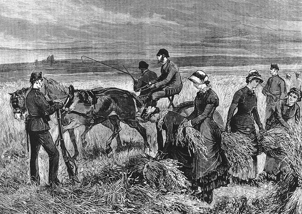 Un grabado de Boycott atravesando sus cultivos en carro mientras mujeres recogen la cosecha