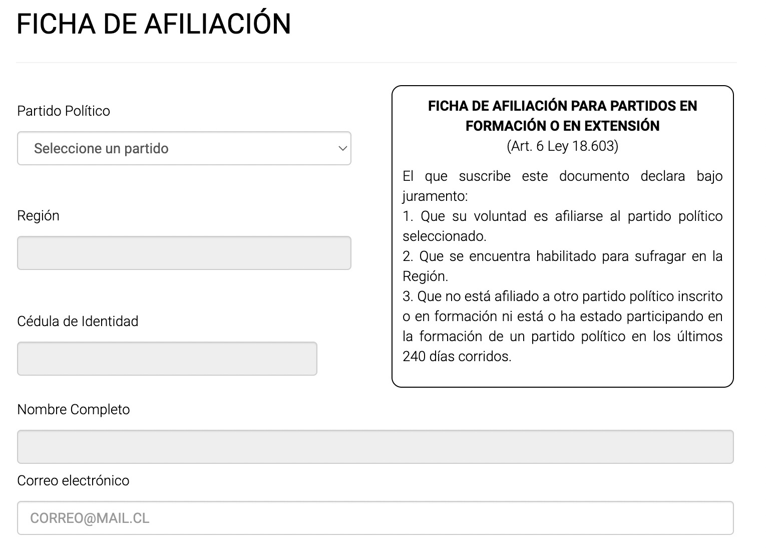 Pantallazo del sitio web del Servel, en la sección del trámite para afiliarse a un partido político