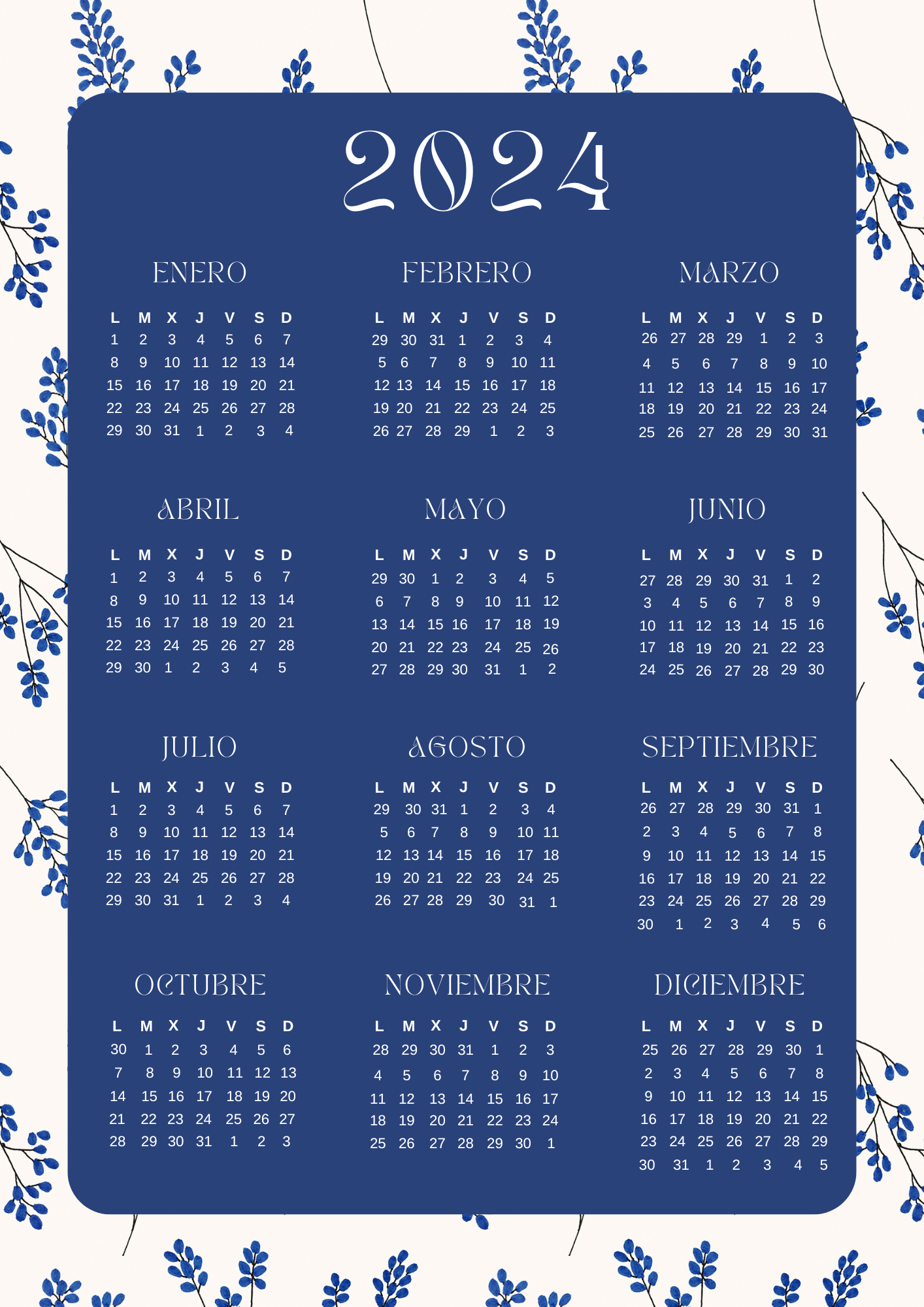 Calendario anual azul elegante 2024 (JPG)