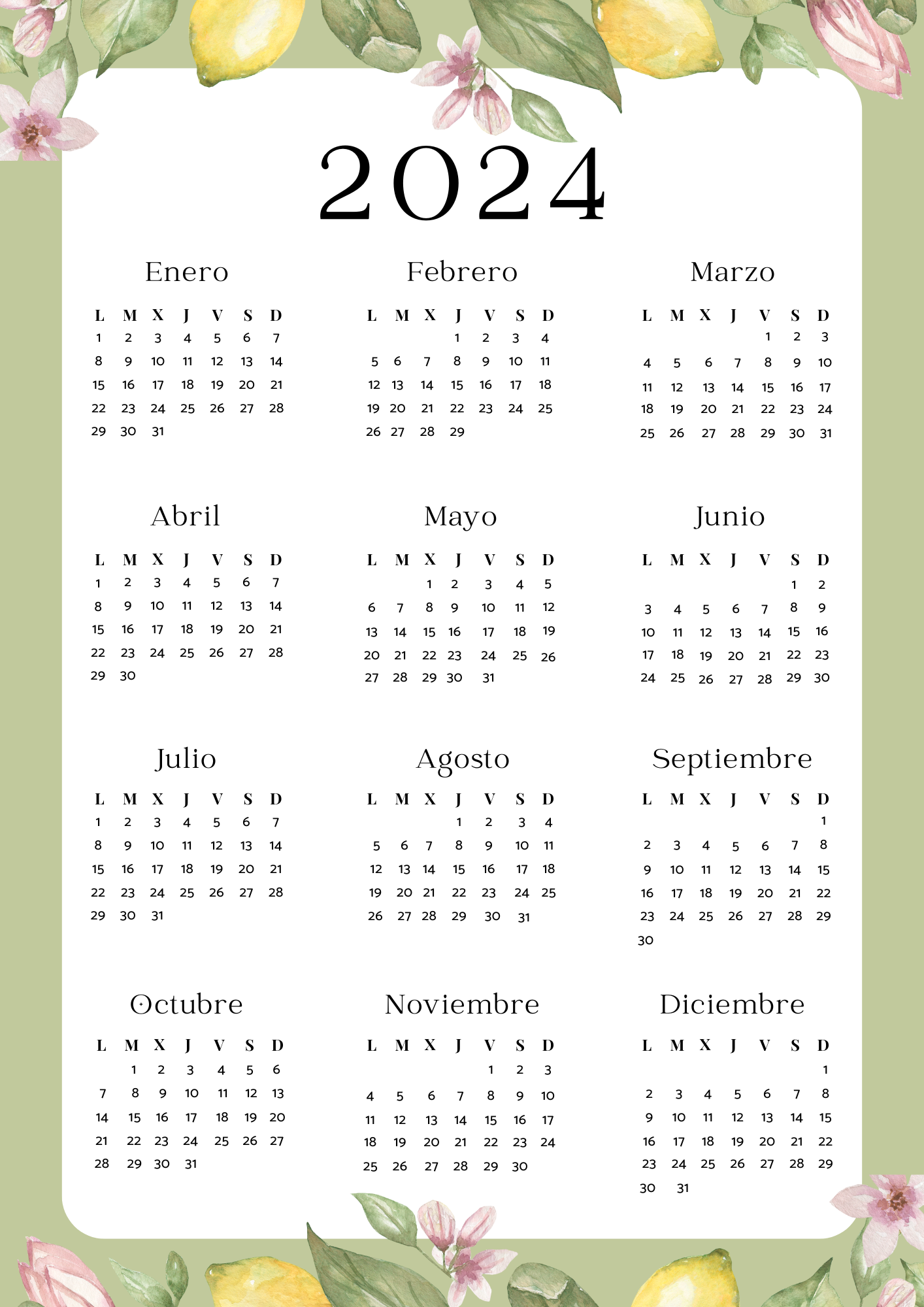 Calendario anual con flores y limones 2024 (JPG)