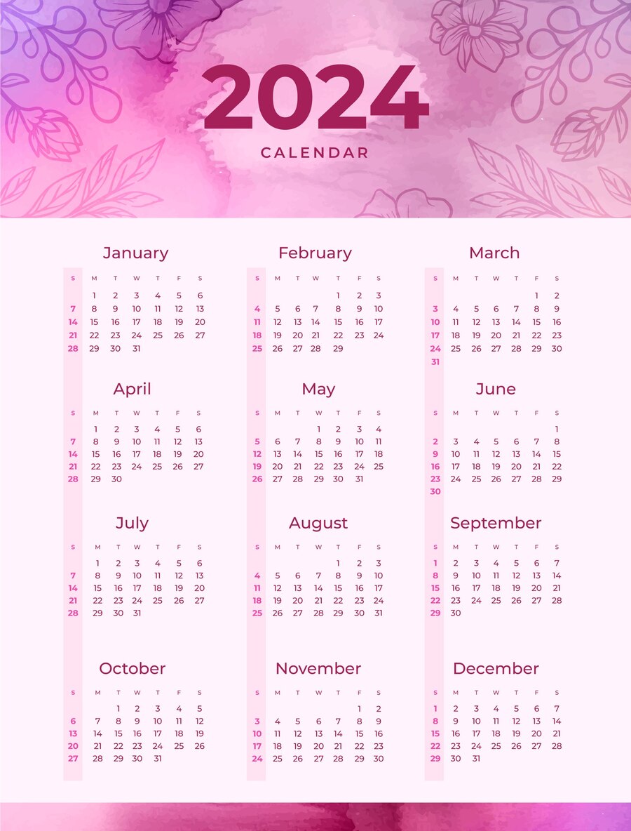 Calendario anual rosado fuerte 2024 (JPG)