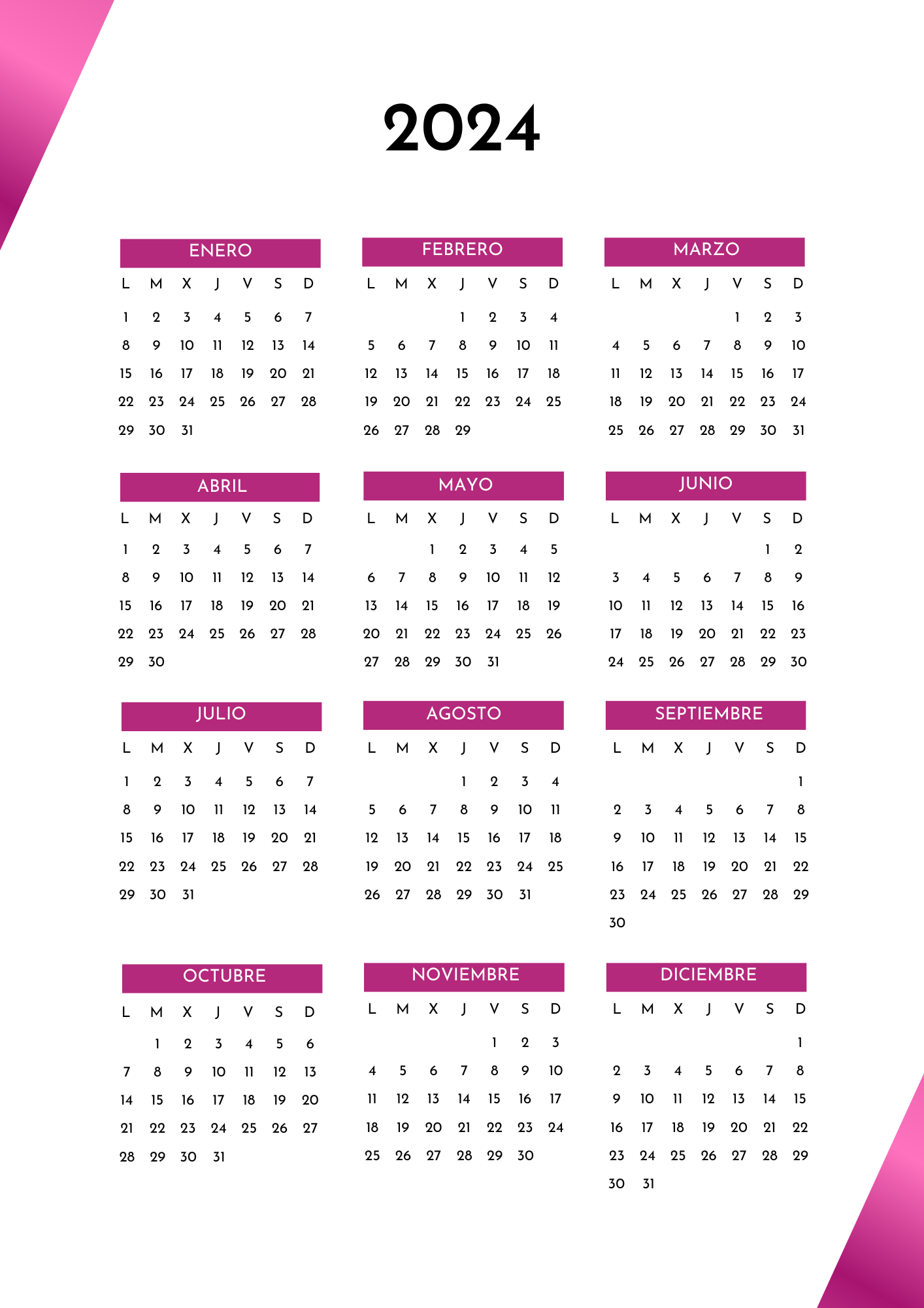 Calendario anual elegante rosado 2024 (JPG)