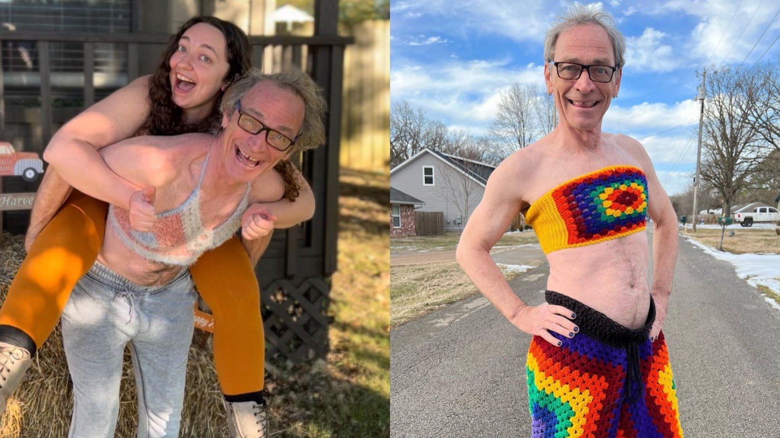 Jeff Beaver posando con las blusas de crochet que hace su hija Emily