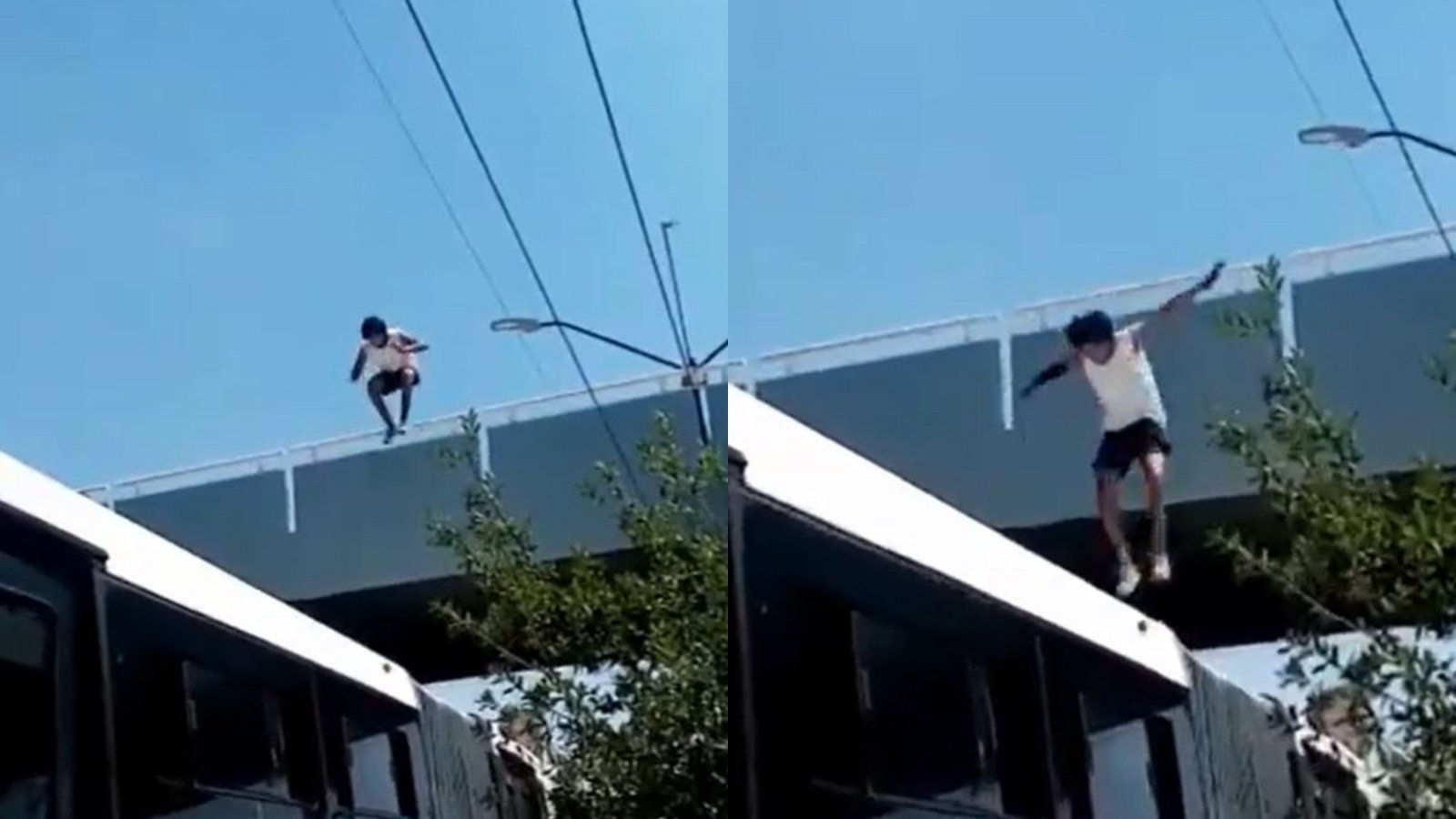 Captura video viral joven saltando desde un puente a un bus en México