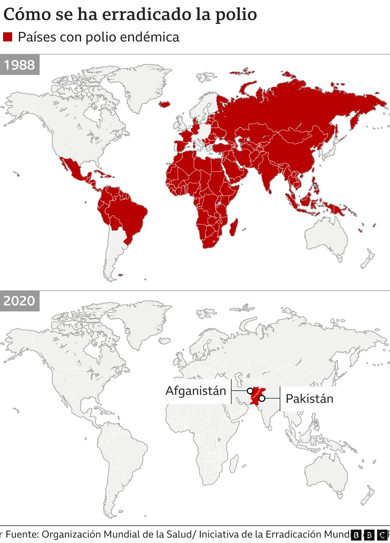 Mapa de cómo se ha erradicado la polio a lo largo de estas décadas.