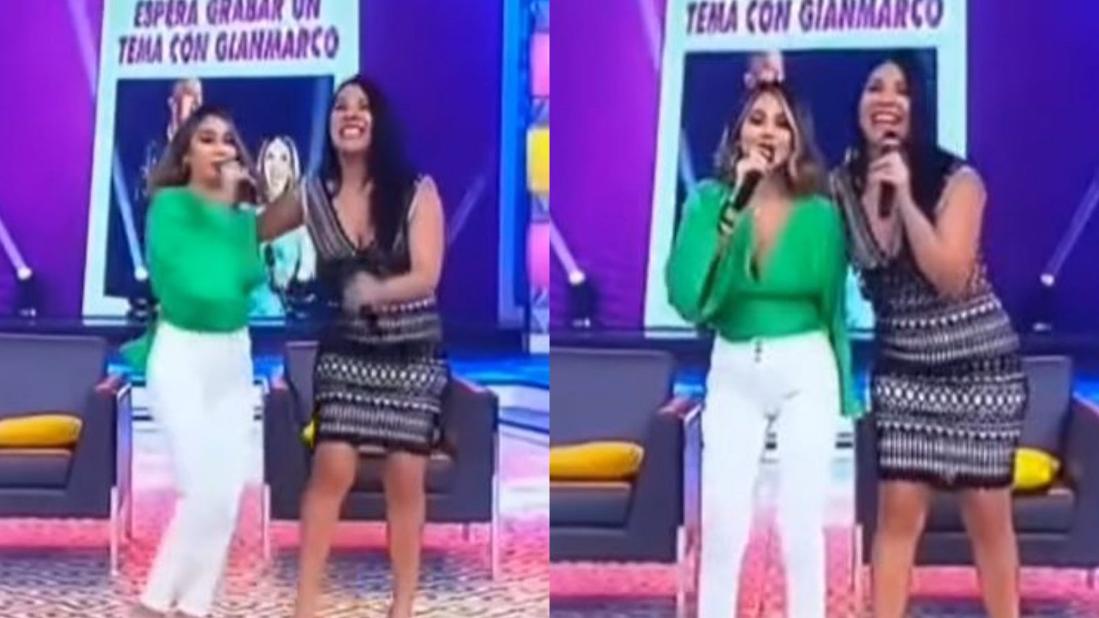 Captura del momento en el que una cantante tuvo un incidente en programa de TV peruano
