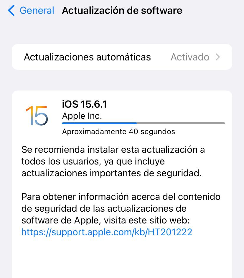 Captura de pantalla con la actualización lanzada por Apple.