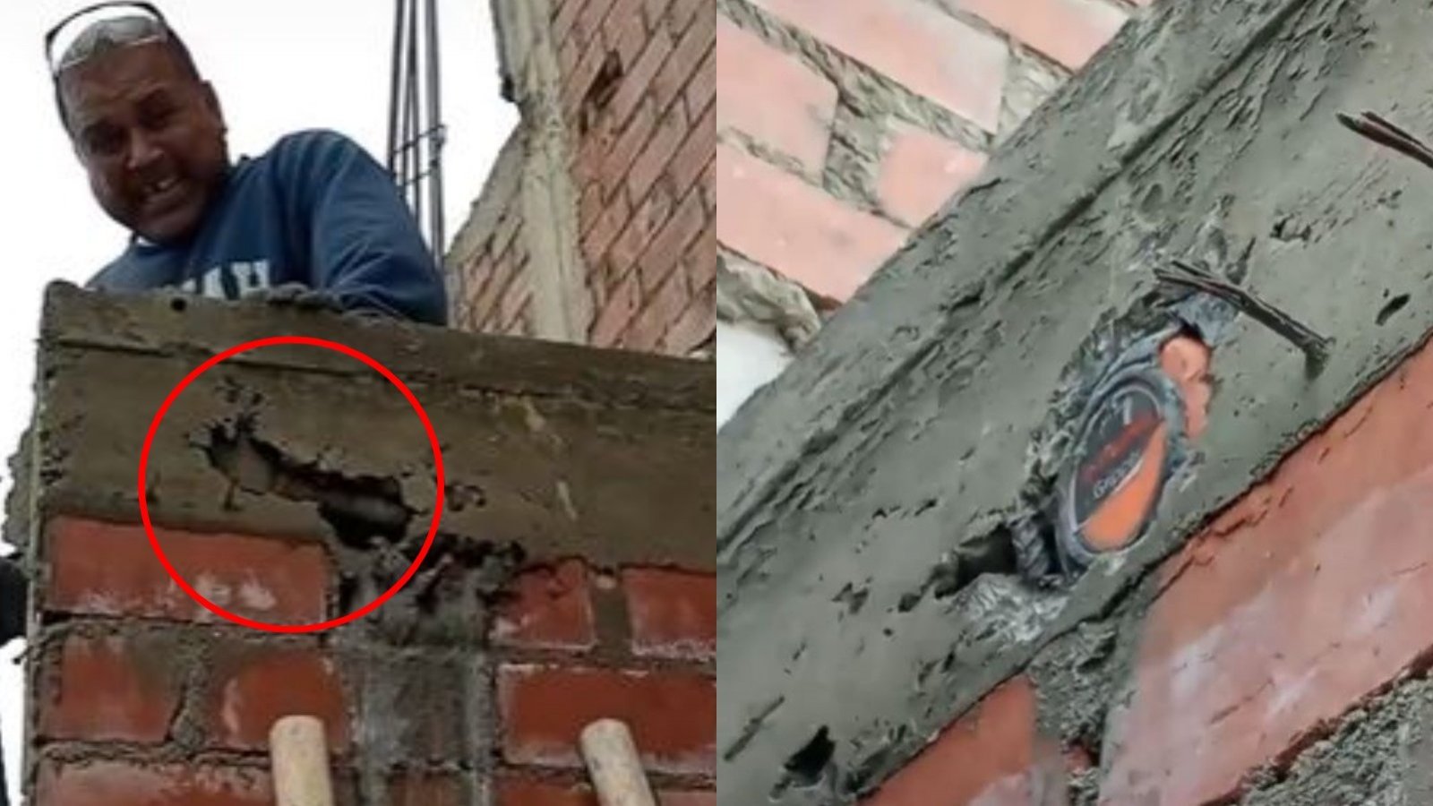 Captura de viral de albañiles que dejaron dentro del concreto herramientas y luego las encontraron incrustadas en un muro recientemente edificado
