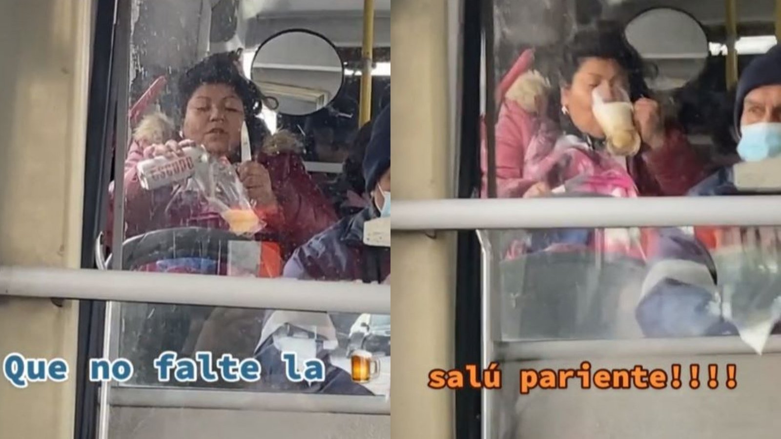Mujer bebiendo michelada en el transporte público de Santiago