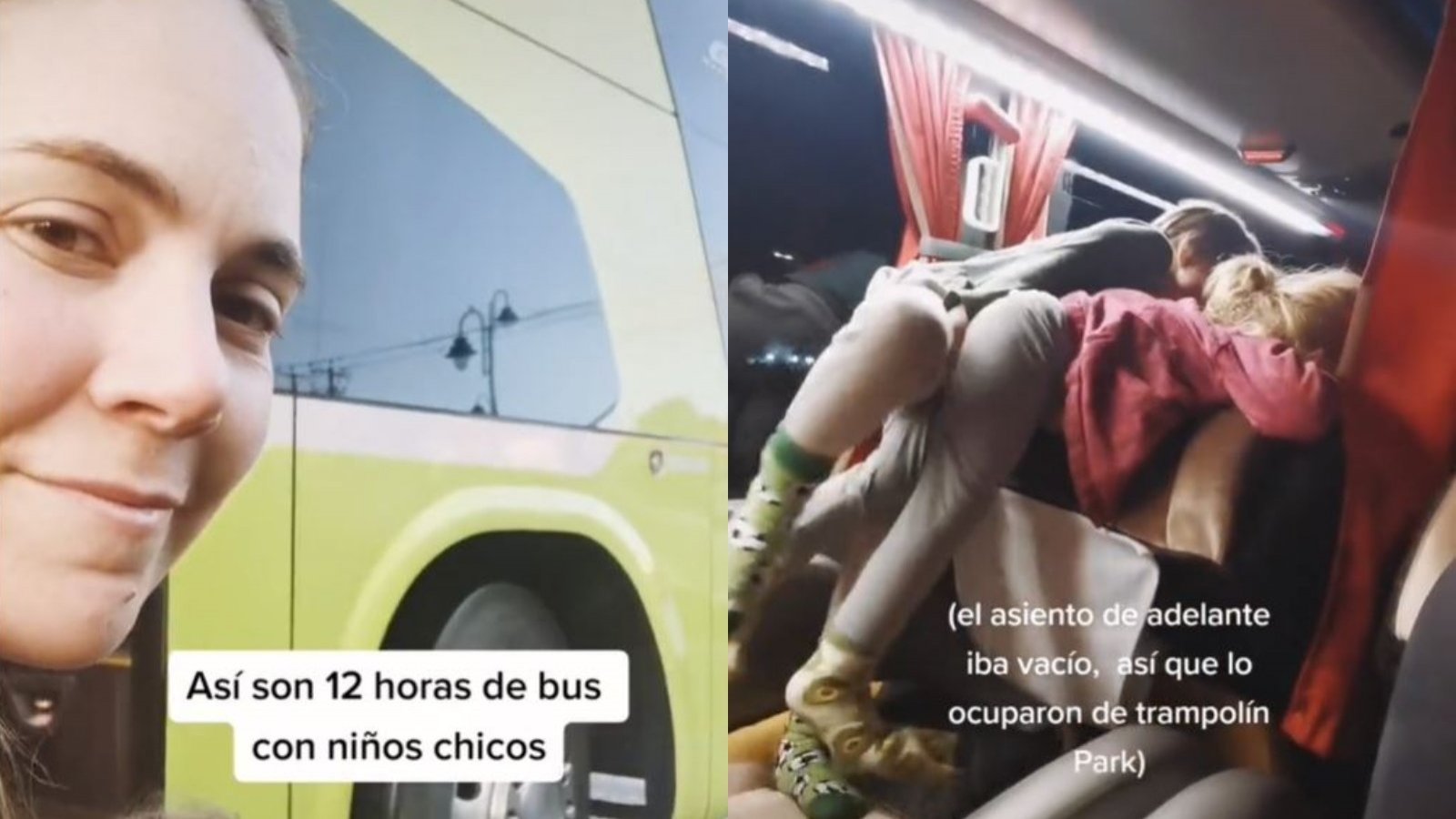 Captura de tiktoker viajando 12 horas con sus hijos en bus