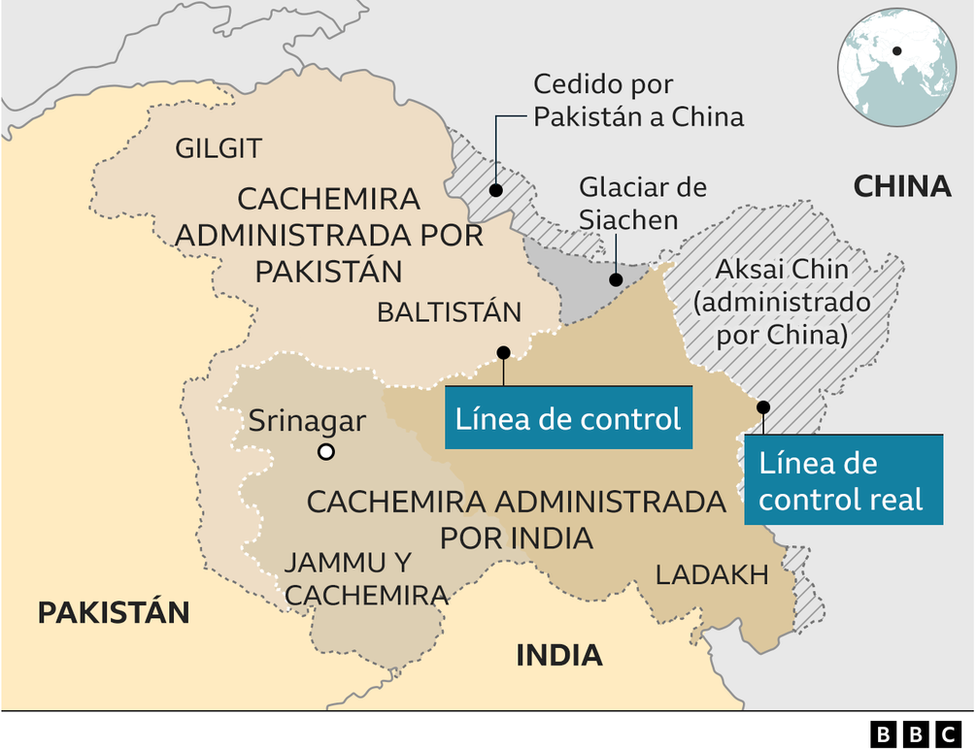 Mapa que muestra la zona disputada por India y Pakistán
