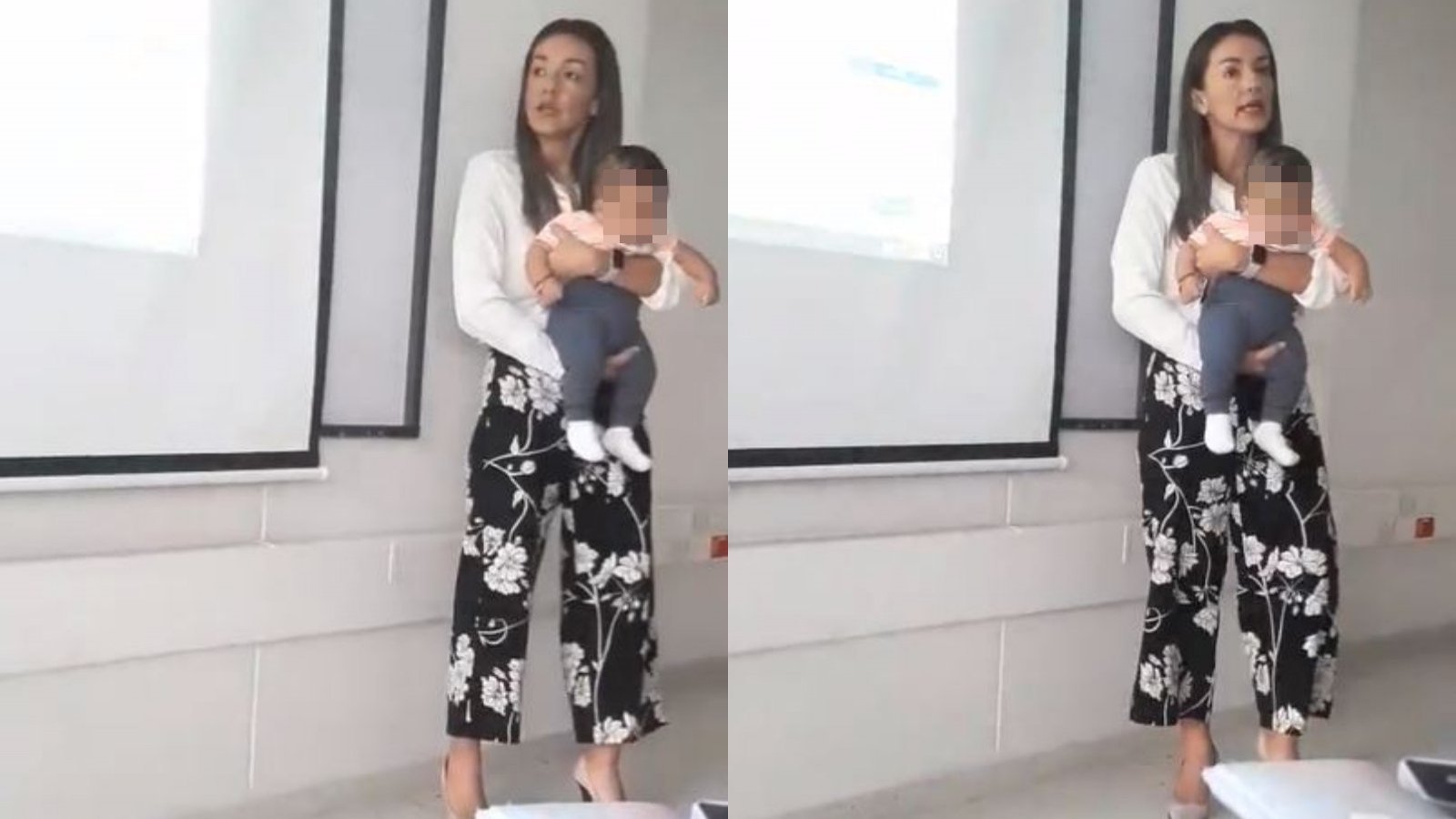 Captura de profesora tomando en brazos al bebé de una estudiante para que ella pueda tomar apuntes