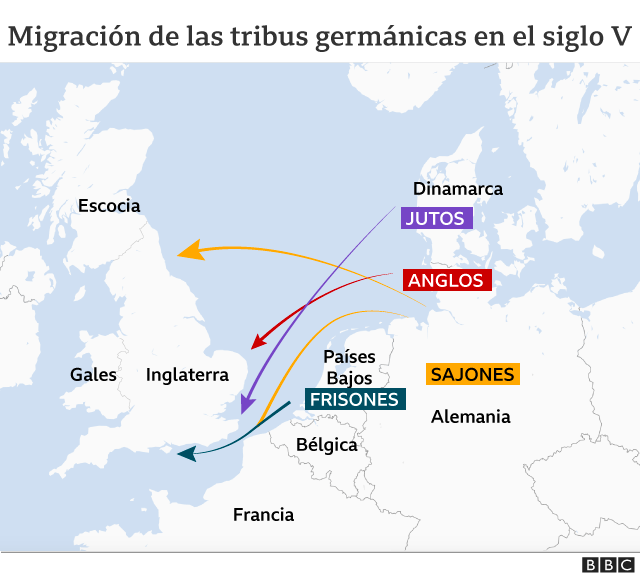 Mapa muestra la migración de tribus germánicas a Inglaterra