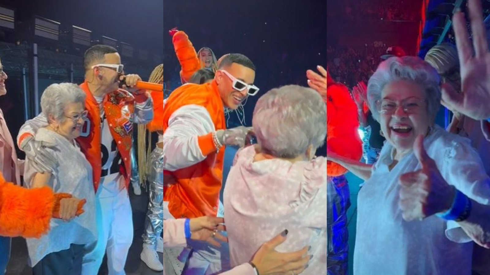 Adulta mayor bailando en el escenario junto a Daddy Yankee durante concierto en Connecticut