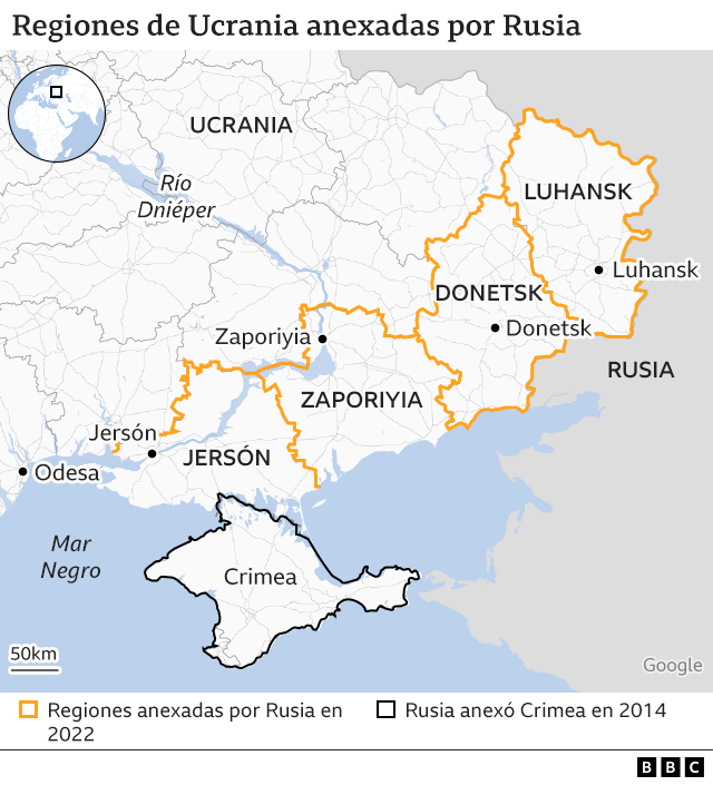 Mapa de Ucrania con las zonas anexadas por Rusia