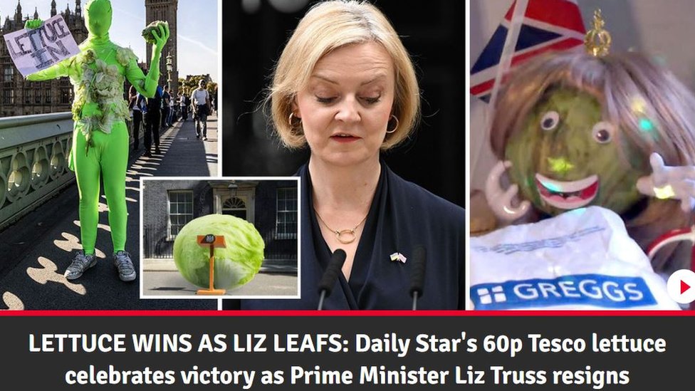 Diseño donde aparece la lechuga, un hombre disfrazado y Liz Truss.