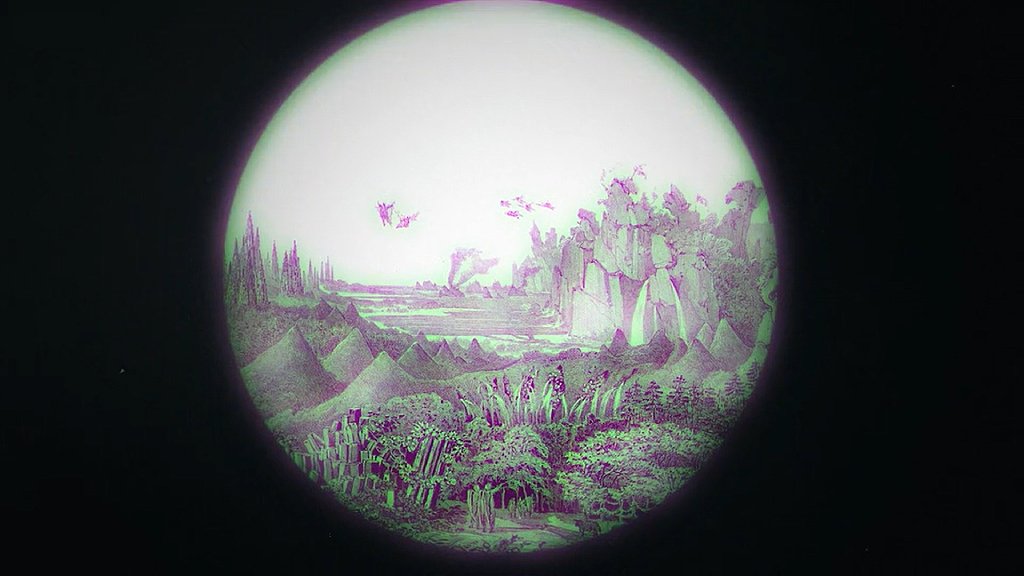 Paisaje lunar imagiinado con montañas, criaturas y agua.
