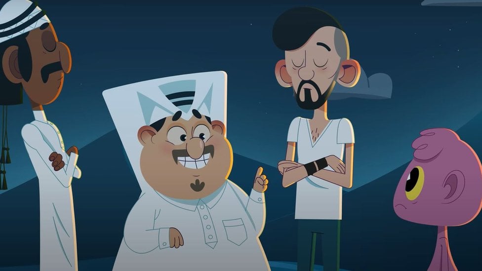 Los cuatro personajes protagonistas de la serie: tres qataríes y un alien.