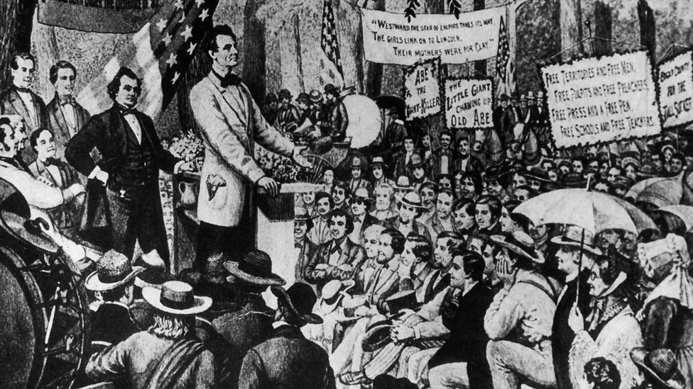 Ilustración de Abraham Lincoln dando un discurso.