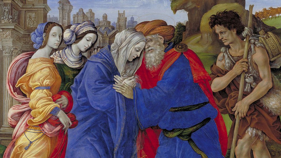 El encuentro de Santa Ana y San Joaquín en Jerusalén, óleo de Filippino Lippi en el Statens Museum for Kunst, Copenhague