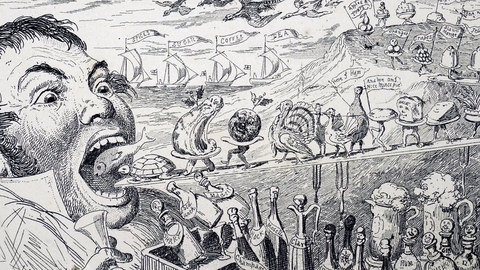 Dibujo de George Cruikshank que retrata a un hombre glotón comiendo platos de Navidad.