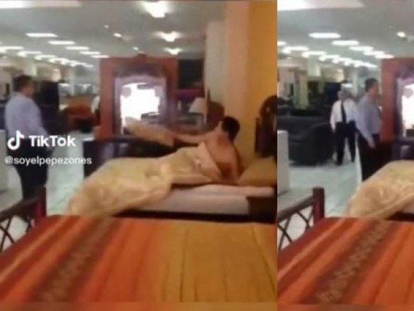 Déjenme dormir: se durmió en cama de tienda comercial y se volvió viral