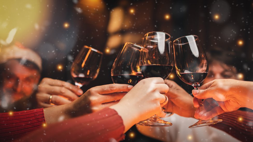Un grupo de personas brinda con copas de vino.