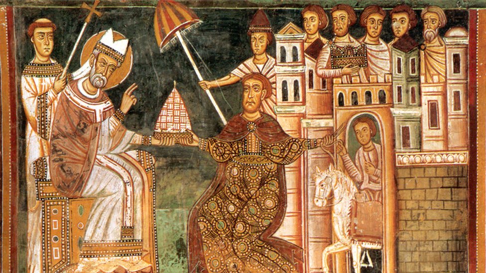 Un fresco de un autor desconocido muestra al papa Silvestre con el emperador Constantino