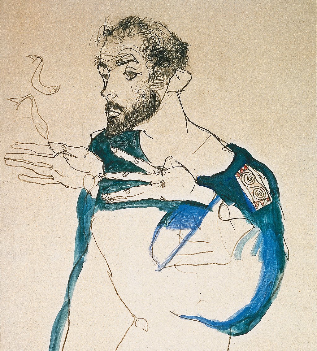"Gustav Klimt con su bata azul", pintado por Egon Schiele en 1913.