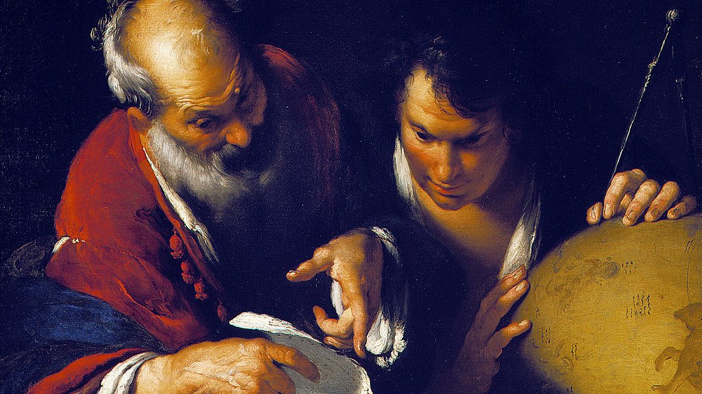 Eratóstenes enseñando en Alejandría, una pintura de Bernardo Strozzi (s. XVII).