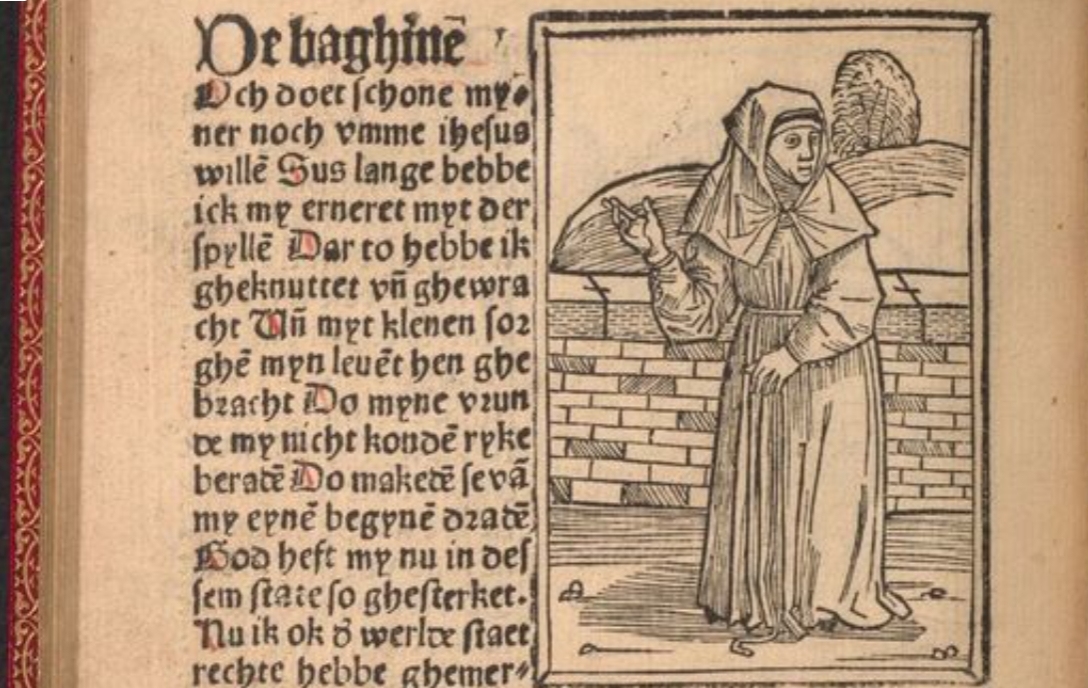 Grabado de una beguina de Des dodes dantz, impreso por Matthäus Brandis en Lübeck en 1489