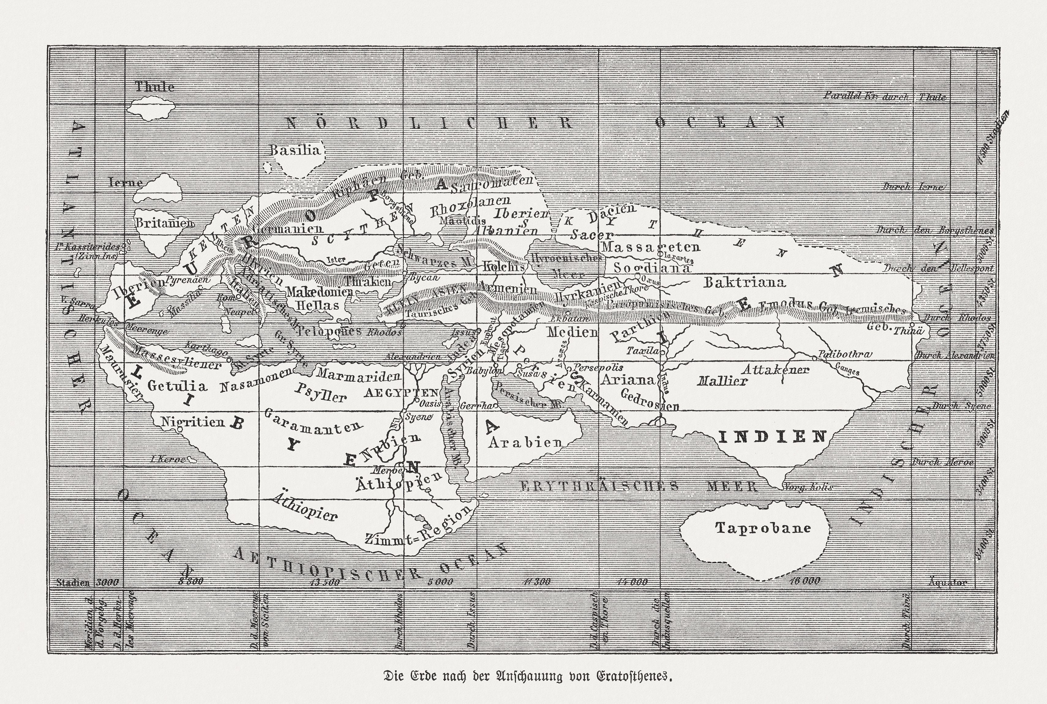 Mapa del mundo según Eratóstenes de Cirene. Grabado en madera, publicado en 1888.