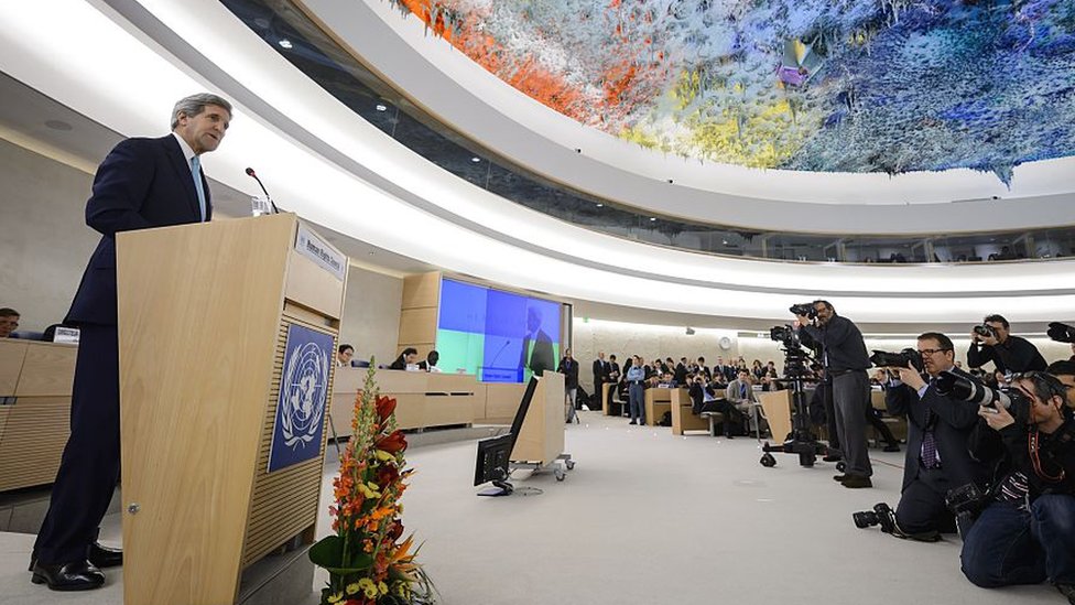 El exsecretario de Estado de EEUU, John Kerry, hablando en el Consejo de DDHH de la ONU.