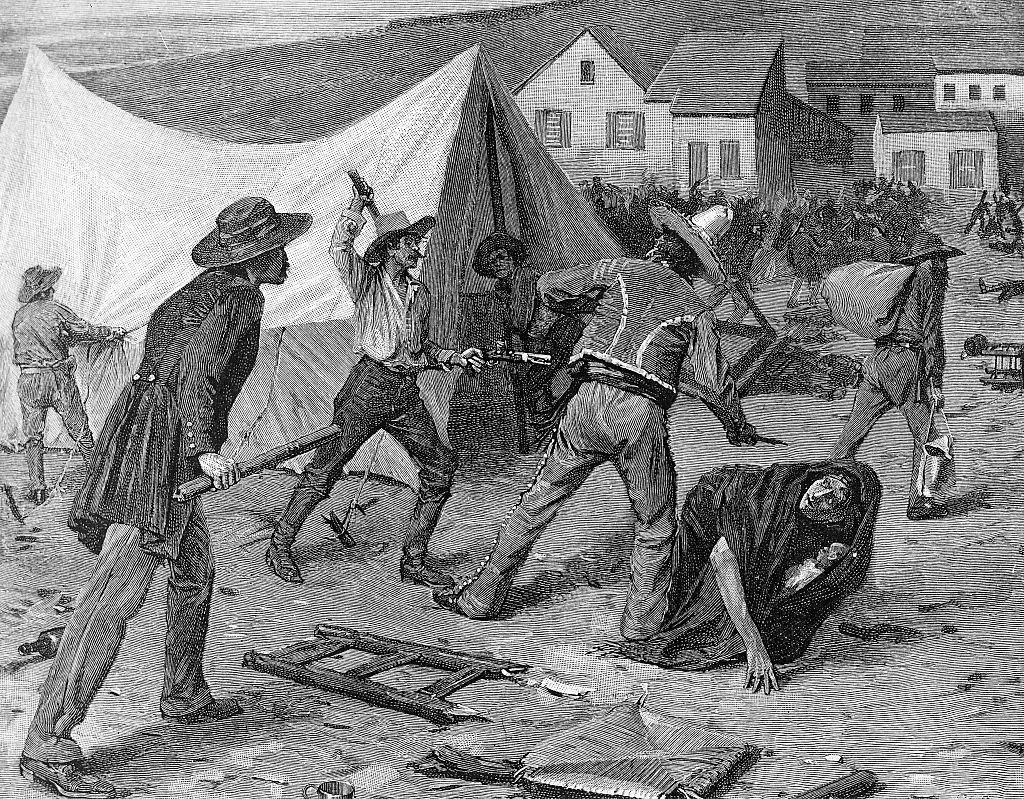 Grabado de una pandilla de anglosajones atacando a trabajadores chilenos y chinos en un campamento minero de California durante la fiebre de oro.