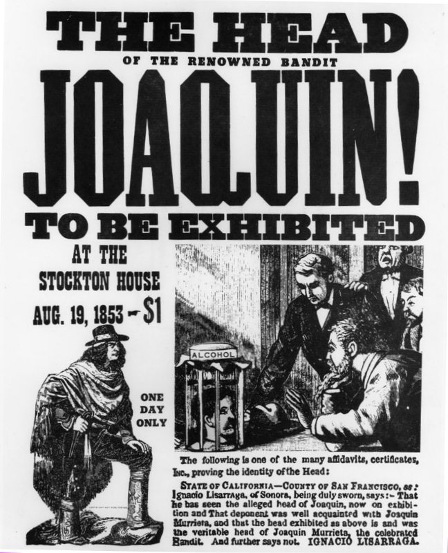 Afiche que anuncia la exhibición pública de la cabeza de Joaquín Murrieta