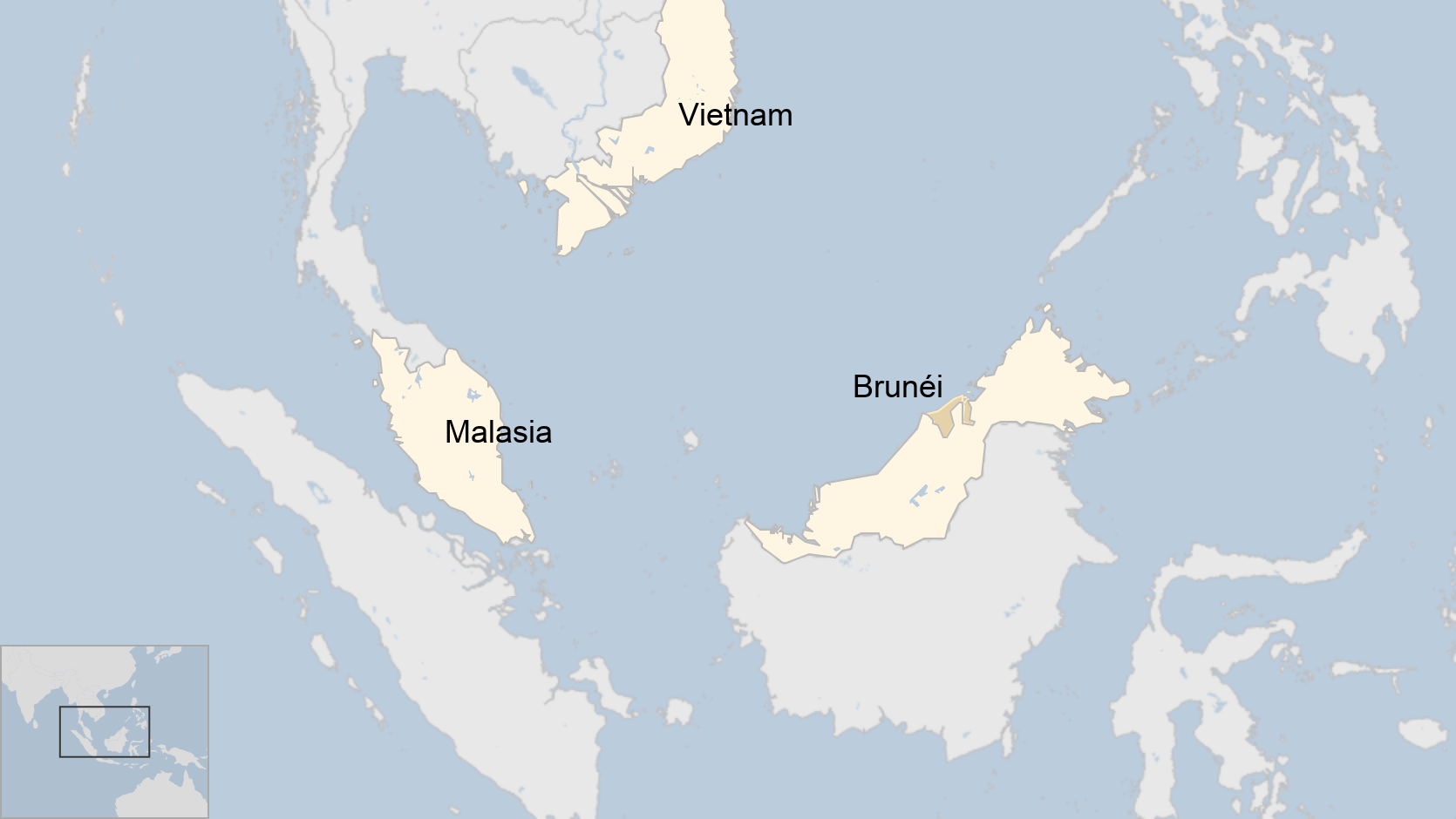 Mapa del sudeste asiático donde se muestra Brunéi
