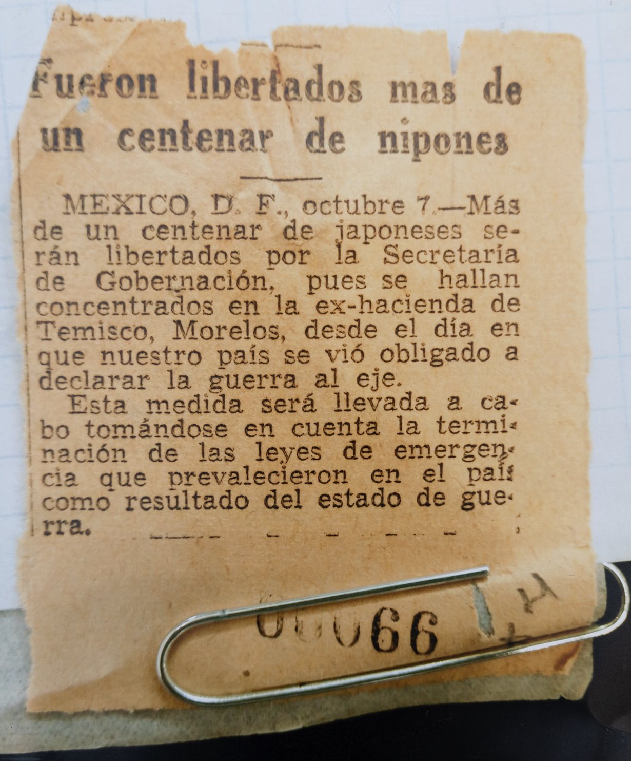 Artículo de prensa sobre liberación de japoneses en Temixco