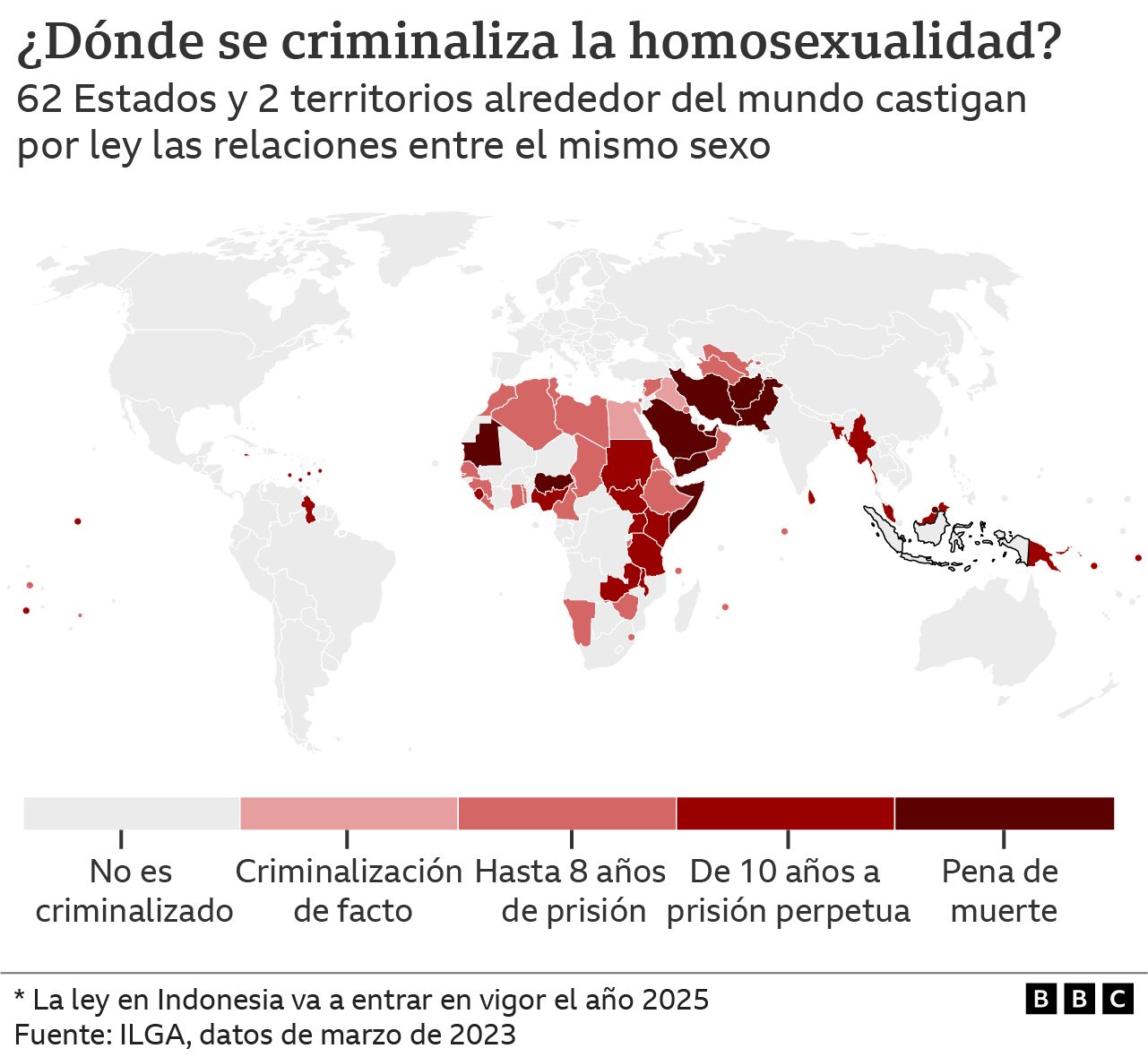 Mapa de los países que criminalizan las relaciones sexuales entre personas del mismo sexo.