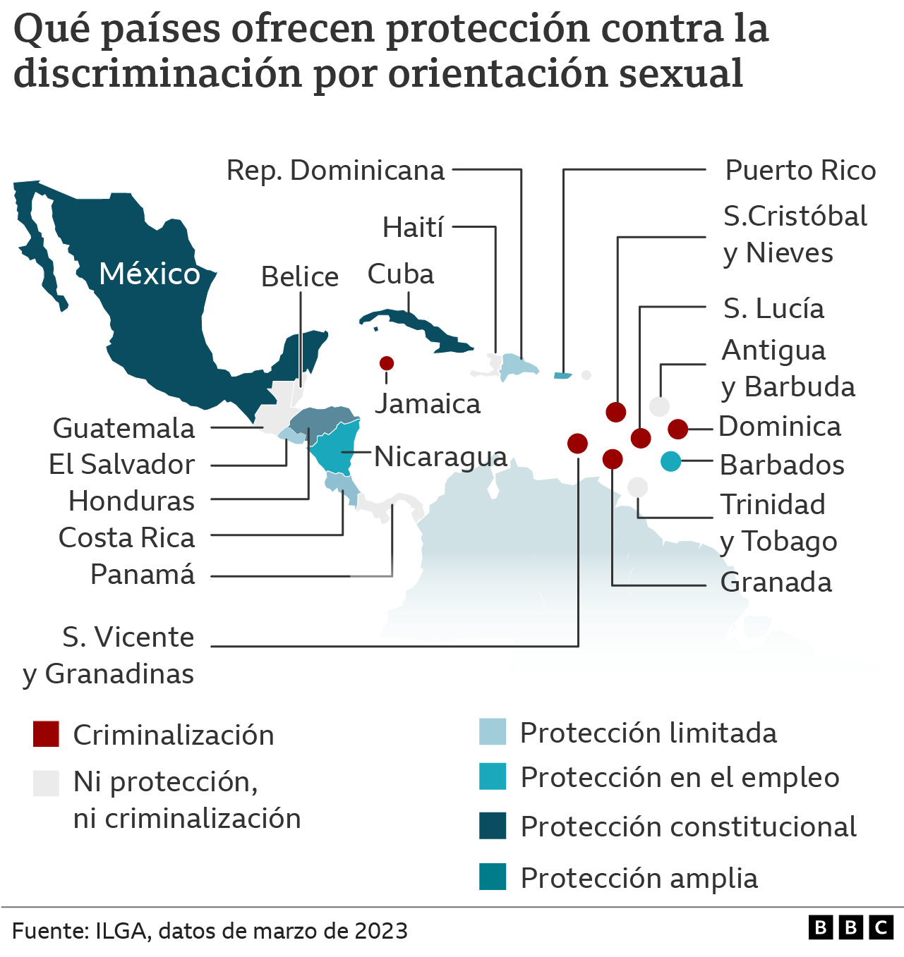 Mapa de la situación de las personas homosexuales en Centroamérica y el Caribe.