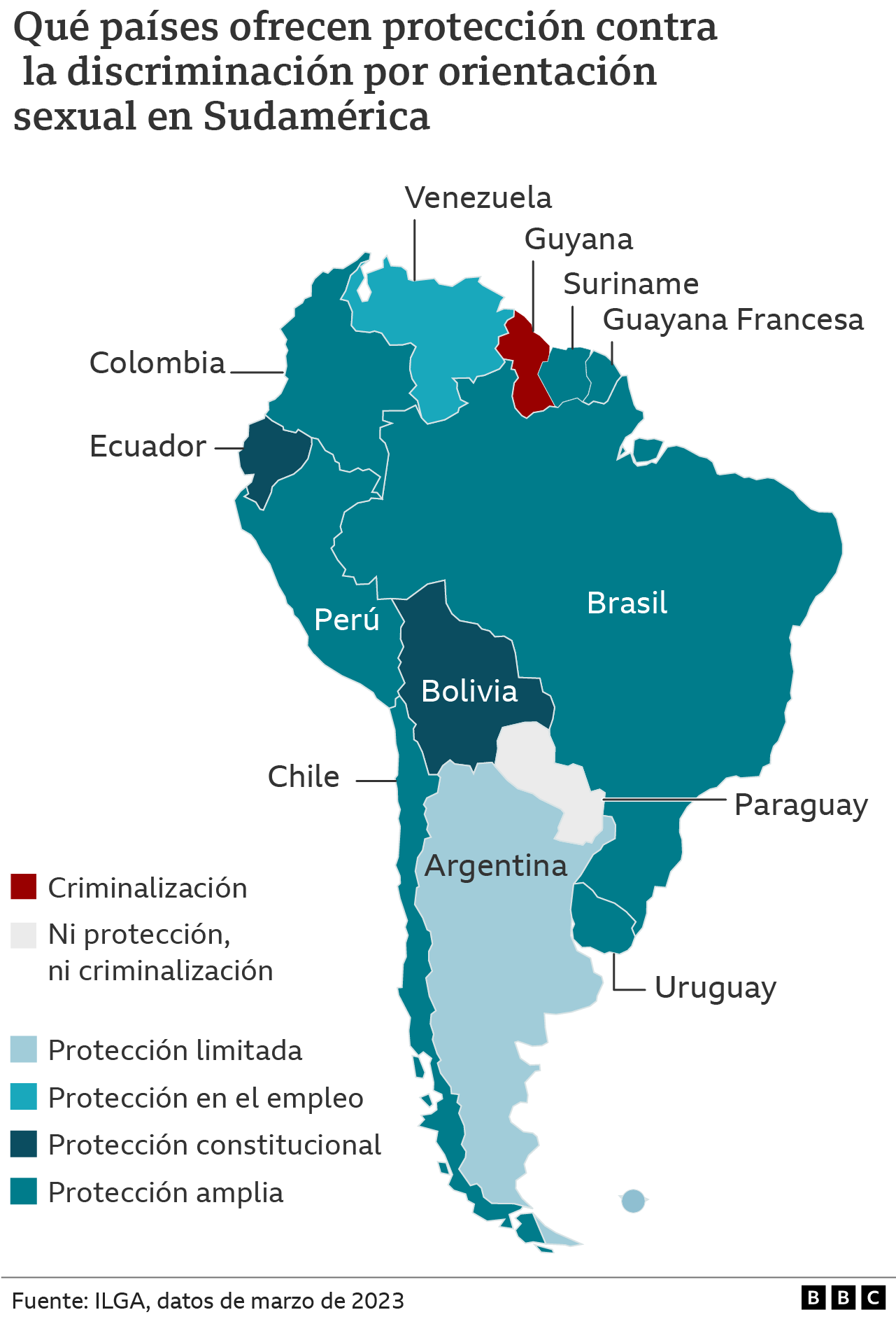 Mapa de la situación de las personas homosexuales en Sudamérica.