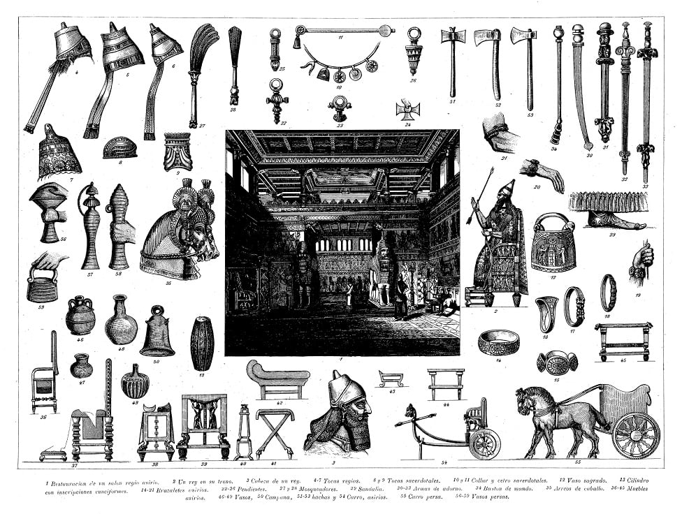 Ilustración que muestra una colección de grabados antiguos de la civilización asiria.