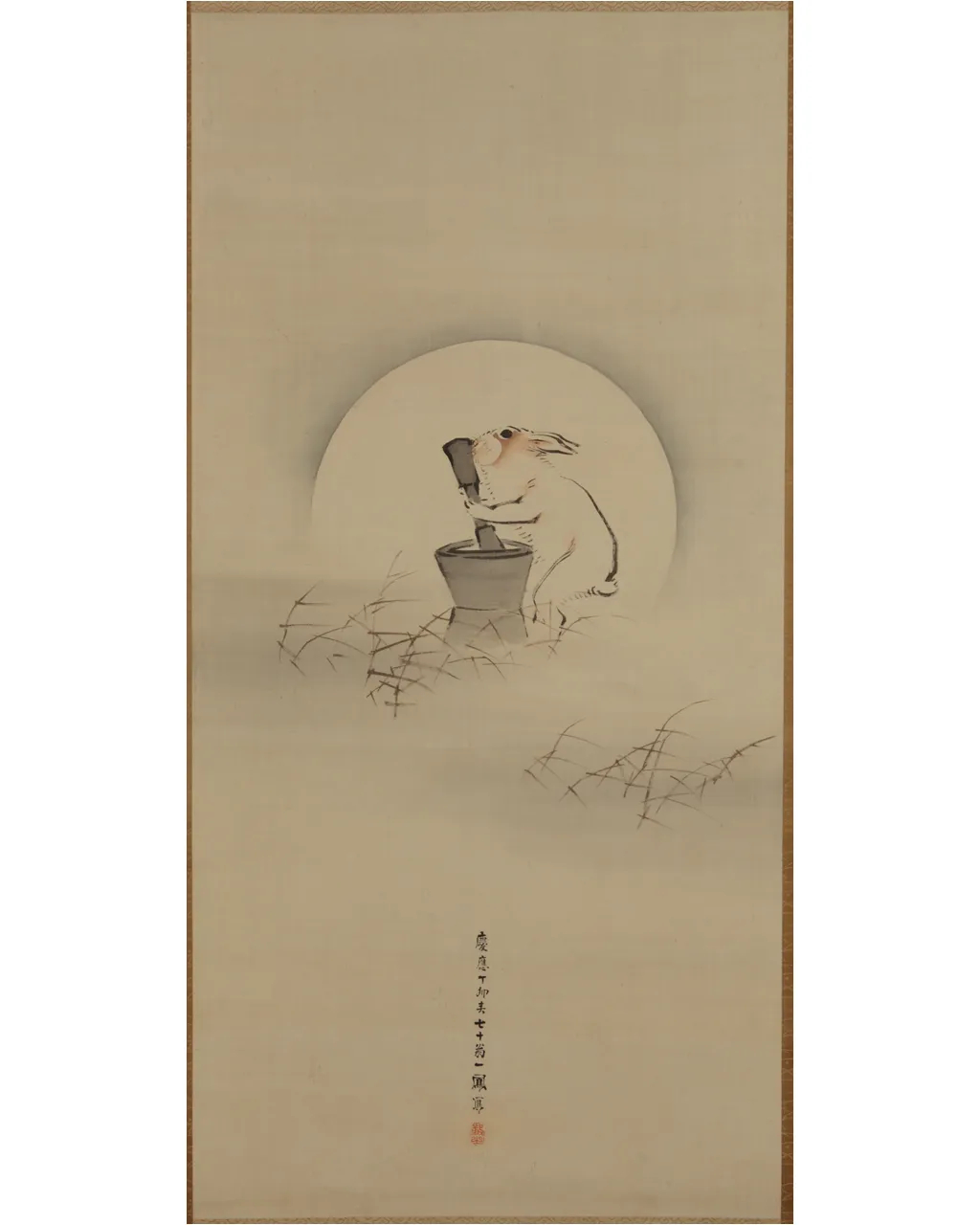 Conejo moliendo el elixir de la vida bajo la Luna, de Mori Ippo, 1867.