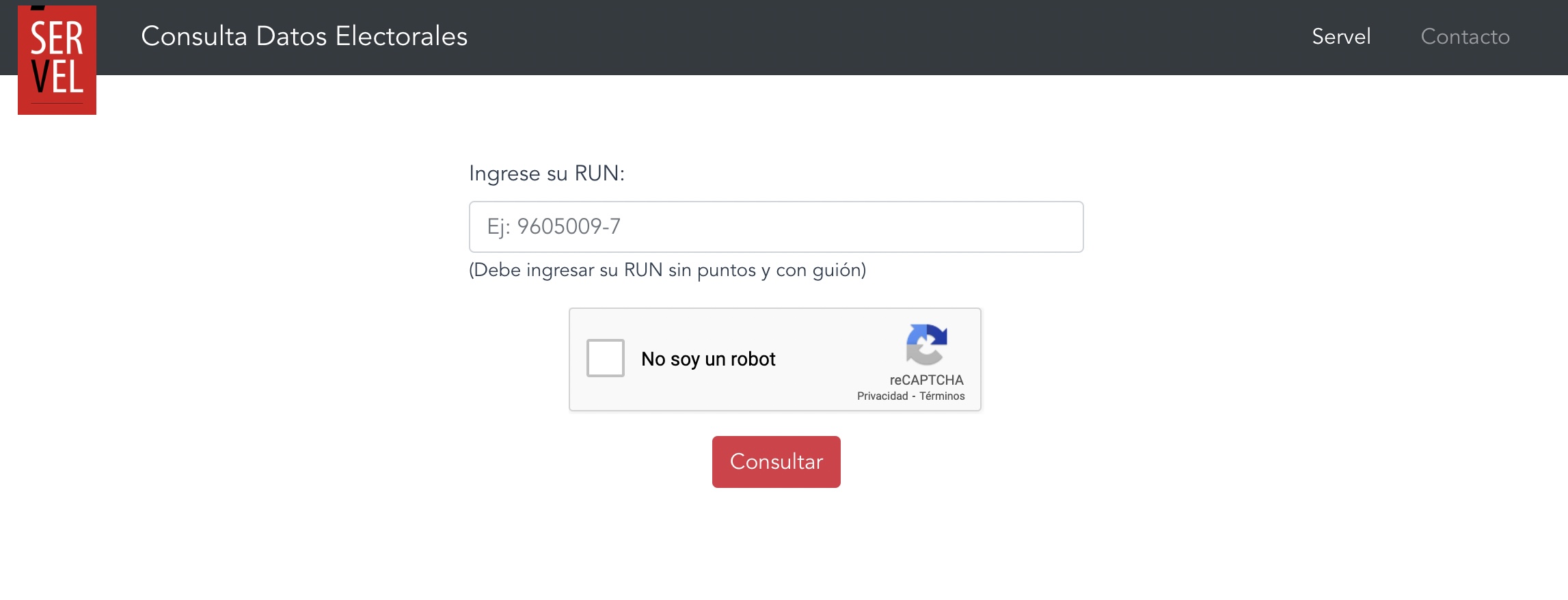 Captura de pantalla del sitio web del Servel, de la sección para consultar datos electorales.