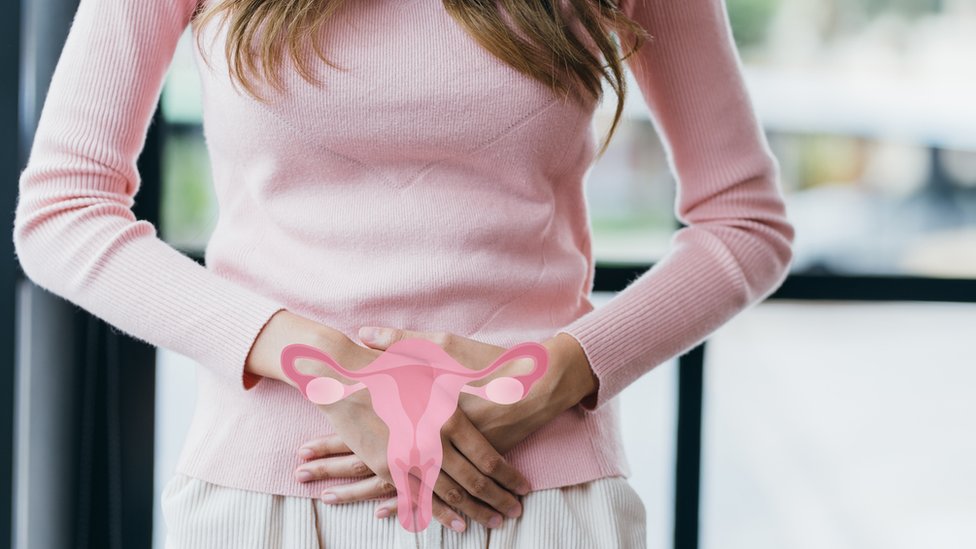 Una mujer se pone las manos sobre la zona genital donde hay un útero dibujado.