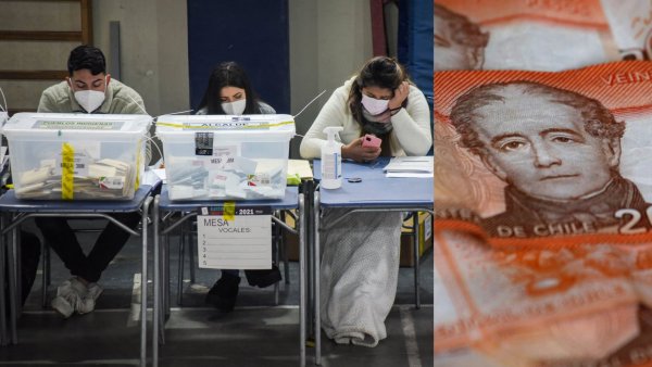 A la izquierda se muestra una foto con tres personas desempeñándose como vocales de mesa y, a la derecha, otra foto de billetes de 20 mil pesos.