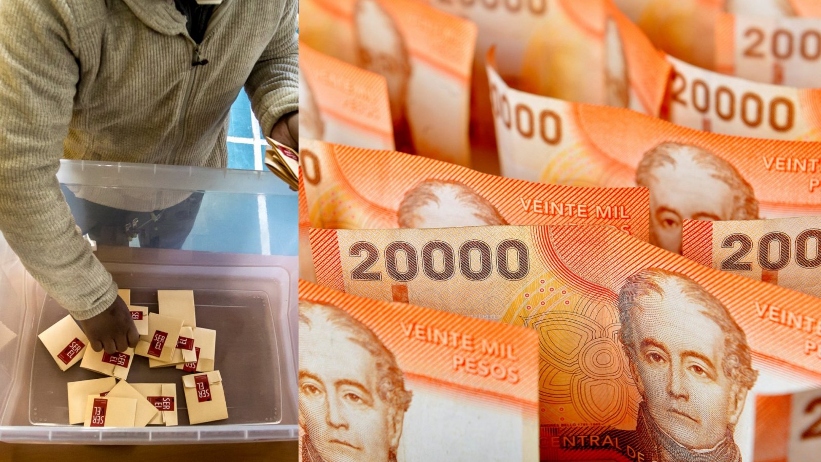 A la izquierda, una foto de un vocal de mesa revisando votos de una caja. A la derecha, una foto de billetes de 20 mil pesos.