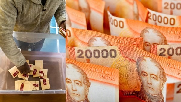 A la izquierda, una foto de un vocal de mesa revisando votos de una caja. A la derecha, una foto de billetes de 20 mil pesos.