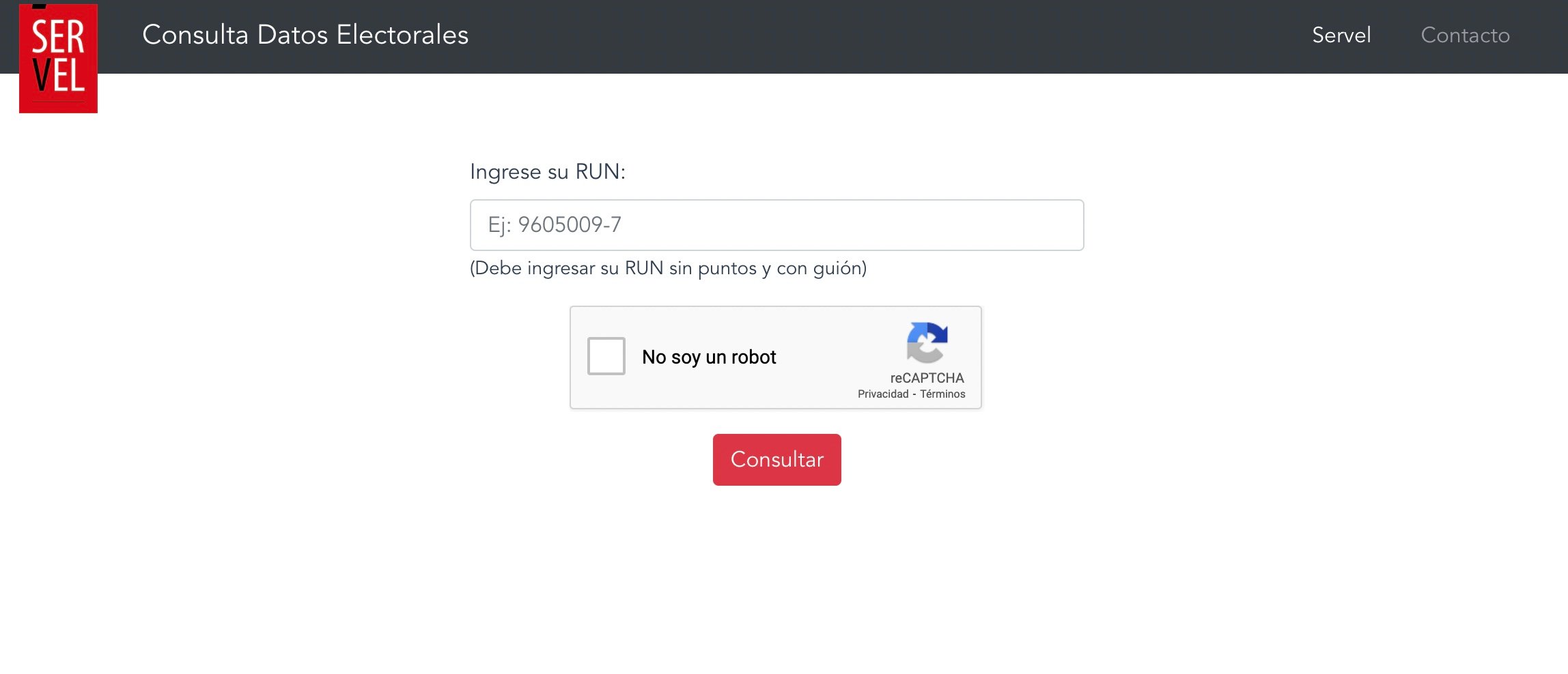 Captura de pantalla se la sección del Servel para consultar datos electorales con el RUT.