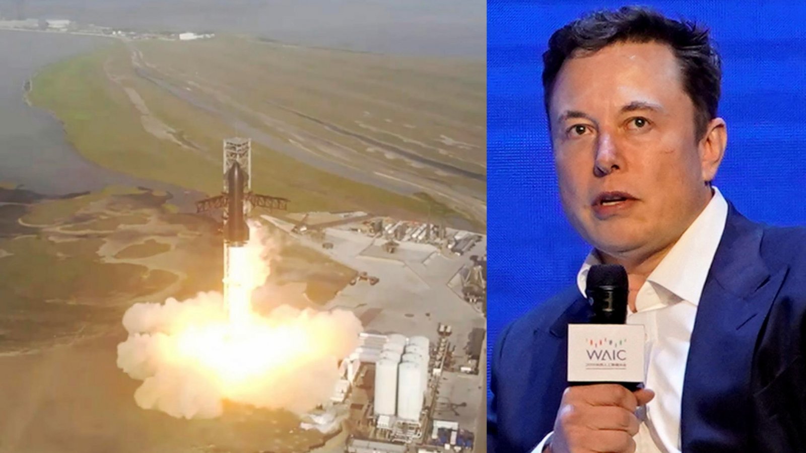 A la izquierda, una foto del cohete de SpaceX, y a la derecha, una foto de Elon Musk.