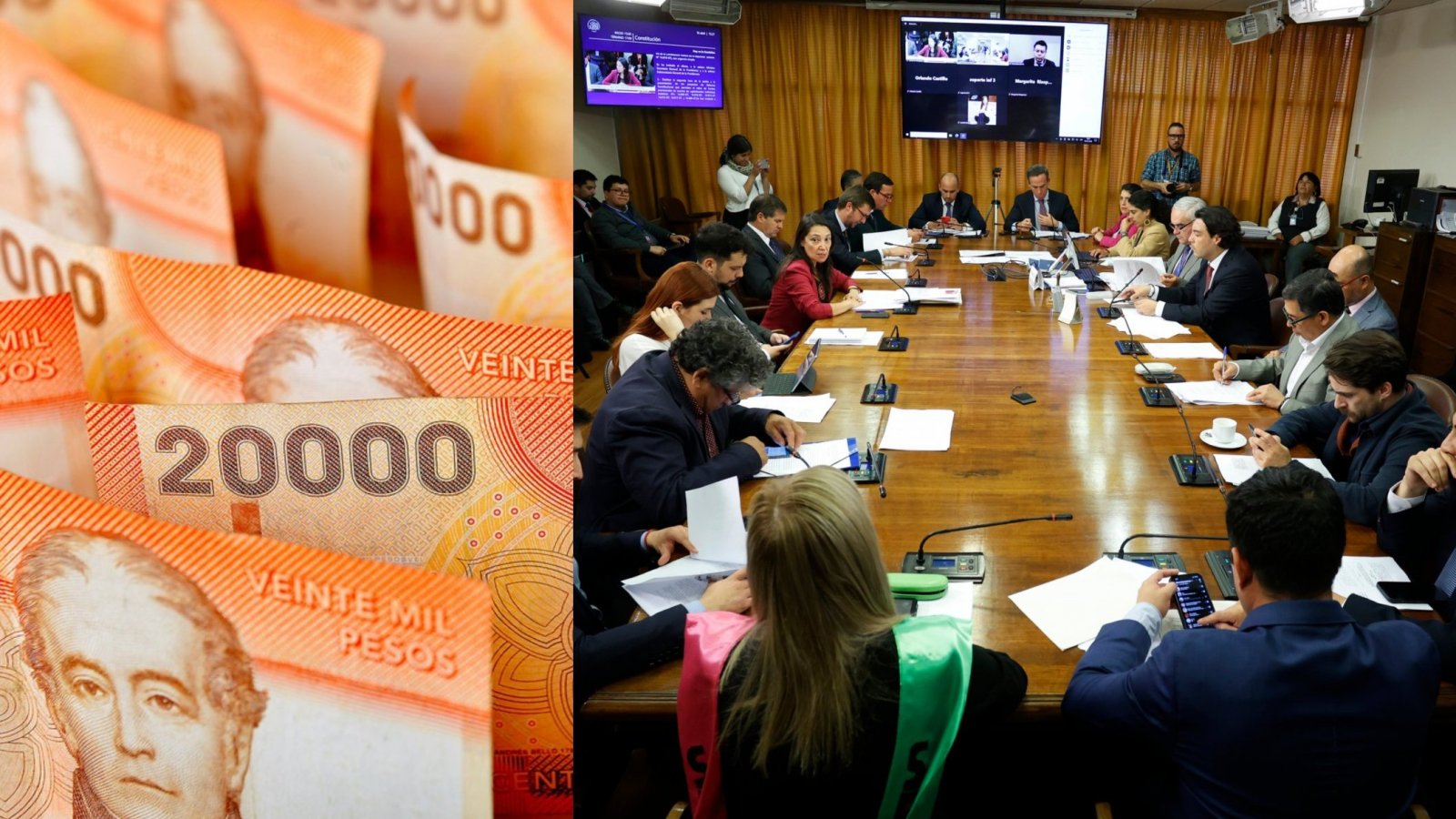A la izquierda, una foto de billetes de 20 mil pesos. A la derecha, una foto de la comisión de Constitución de la Cámara de Diputadas y Diputados.